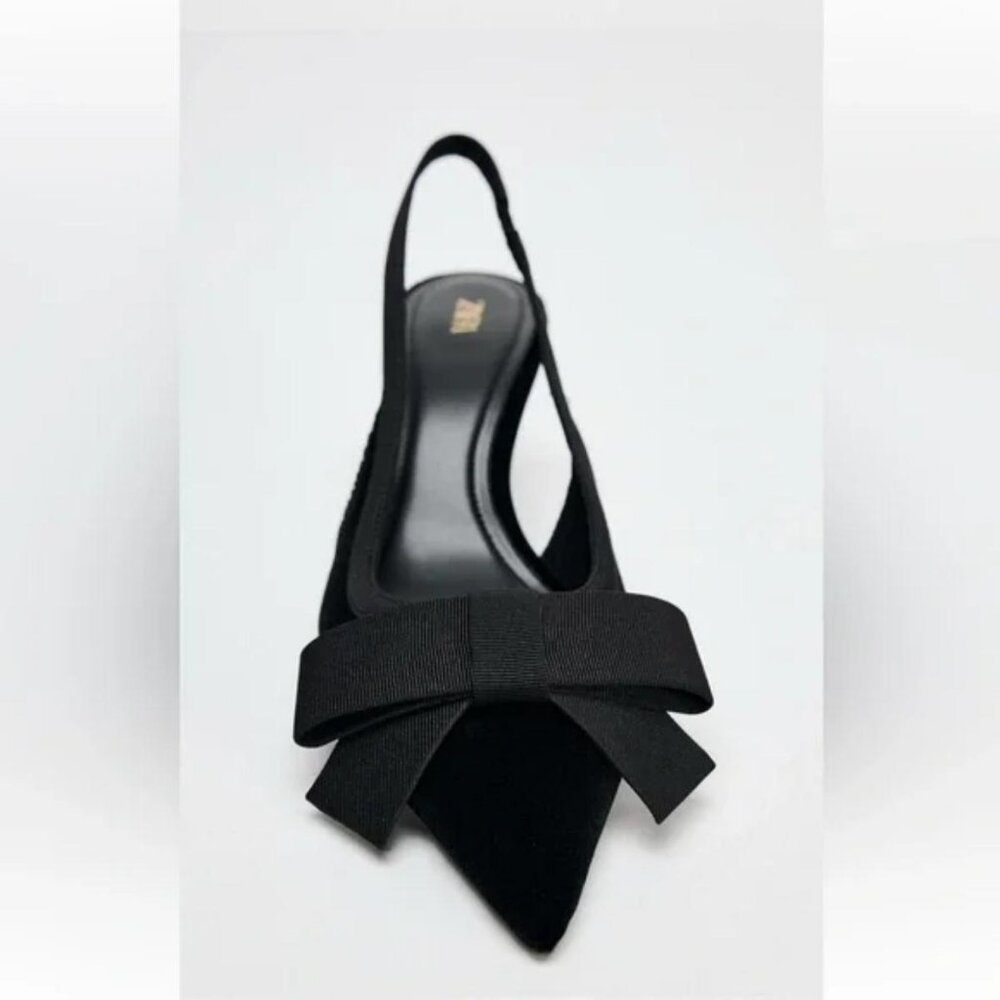 Zara Black Pointed Slingback Flats with Decorative Bow